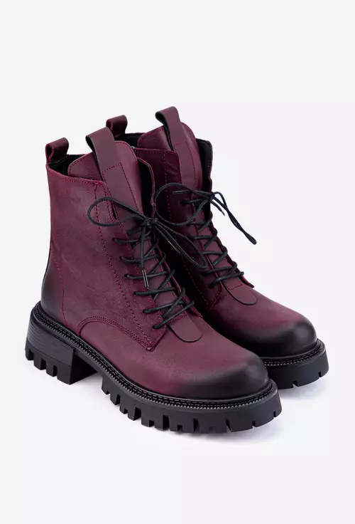Ghete dama din piele burgundy cu siret si fermoar