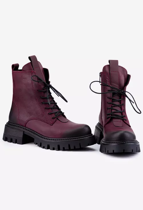 Ghete dama din piele burgundy cu siret si fermoar