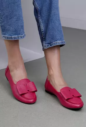 Mocasini dama fuchsia din piele naturala cu funda