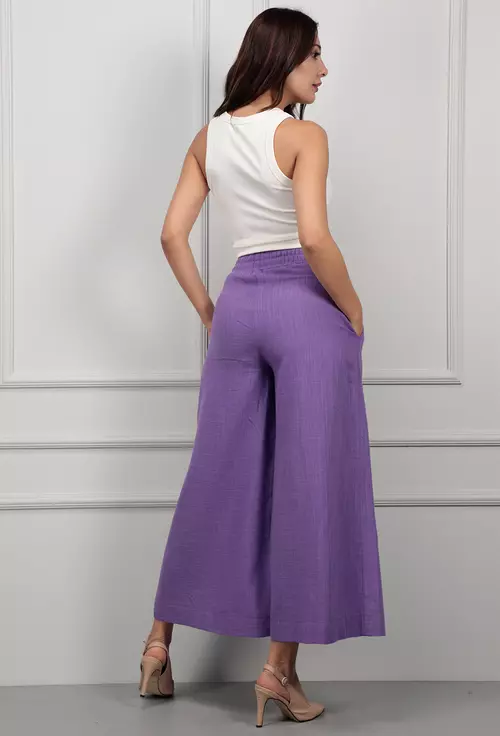 Pantaloni culottes mov cu elastic si cordon in talie