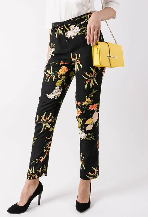 Pantaloni negri cu imprimeu floral colorat Mandy