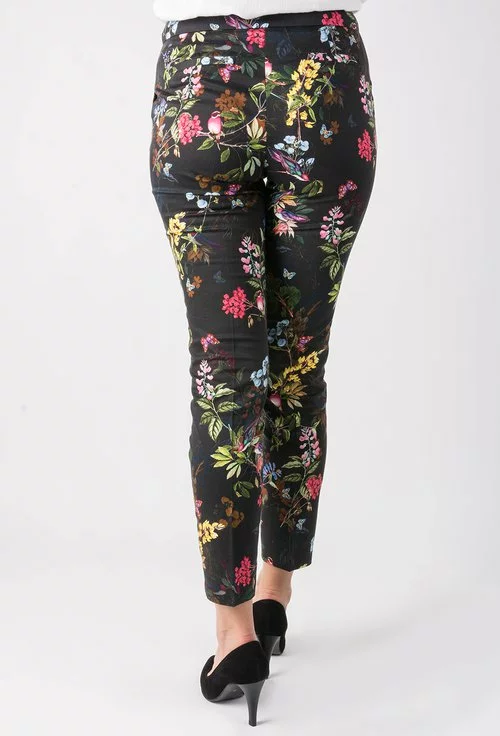 Pantaloni negri cu imprimeu floral multicolor din bumbac  Amour