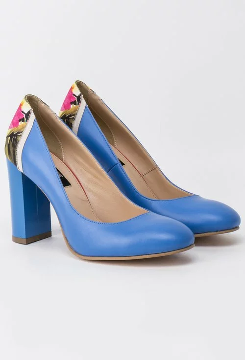Pantofi albastri din piele naturala cu imprimeu floral colorat Leny