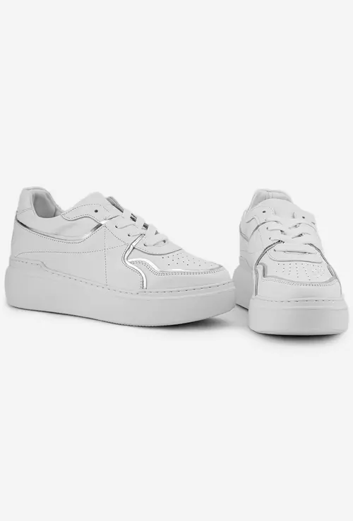 Pantofi albi cu argintiu din piele naturala