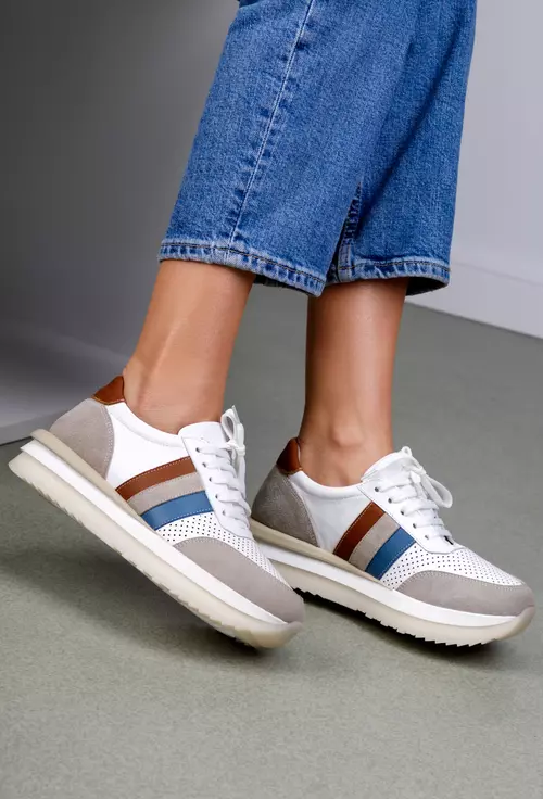 Pantofi albi cu detalii colorate din piele naturala