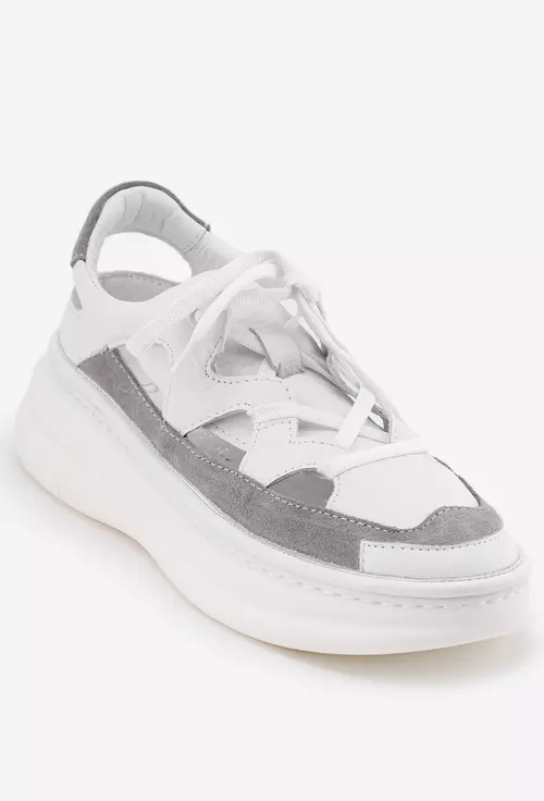 Pantofi albi cu gri din piele cu decupaje