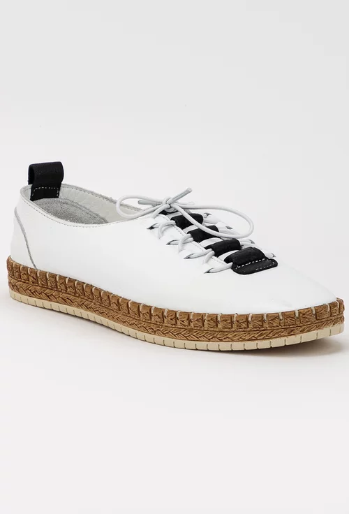 Pantofi albi cu insertii negre din piele cu siret