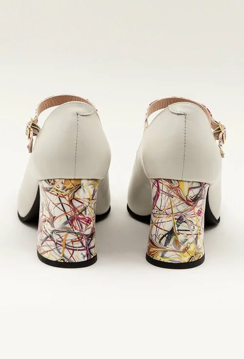 Pantofi albi din piele cu detalii cu imprimeu colorat