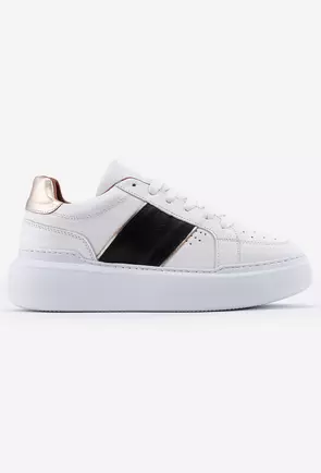 Pantofi albi din piele cu detalii negre si aurii