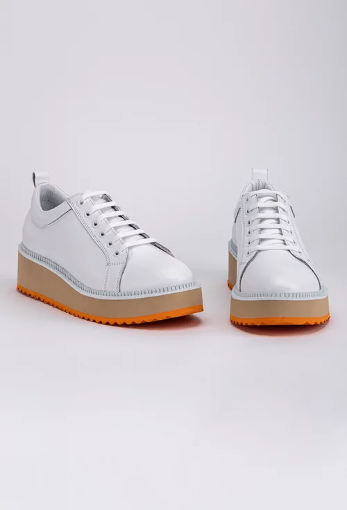Pantofi albi din piele cu detaliu portocaliu