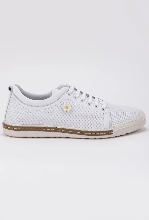 Pantofi albi din piele cu siret si ornament floare