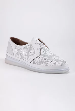 Pantofi albi din piele naturala cu flori