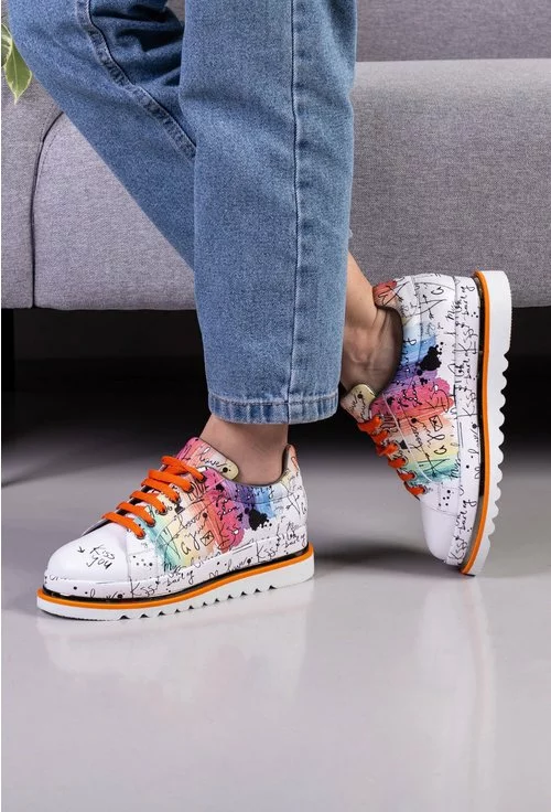 Pantofi albi din piele naturala cu imprimeu colorat si scris