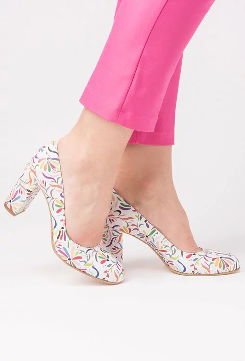Pantofi albi din piele naturala cu imprimeu floral colorat Aurora
