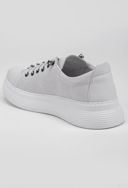 Pantofi albi din piele naturala cu siret elastic