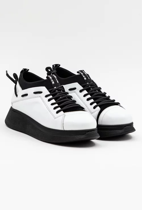 Pantofi albi din piele si material textil cu detalii negre