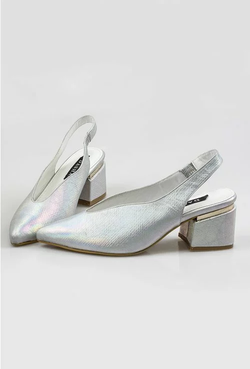 Pantofi argintii din piele naturala cu varf ascutit