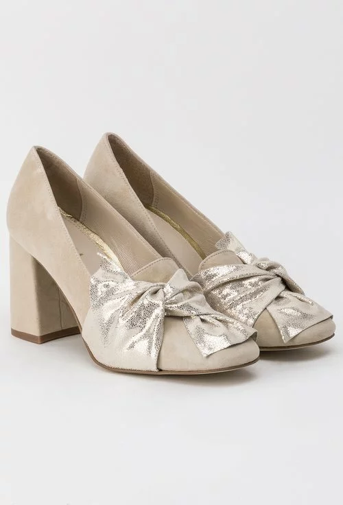 Pantofi bej cu auriu din piele naturala Oriana