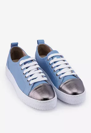 Pantofi bleu cu argintiu din piele cu siret