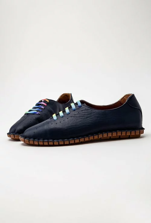 Pantofi bleumarin din piele naturala cu siret colorat