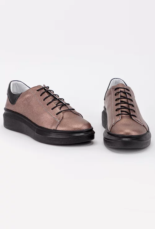 Pantofi bronz cu negru din piele sidefata