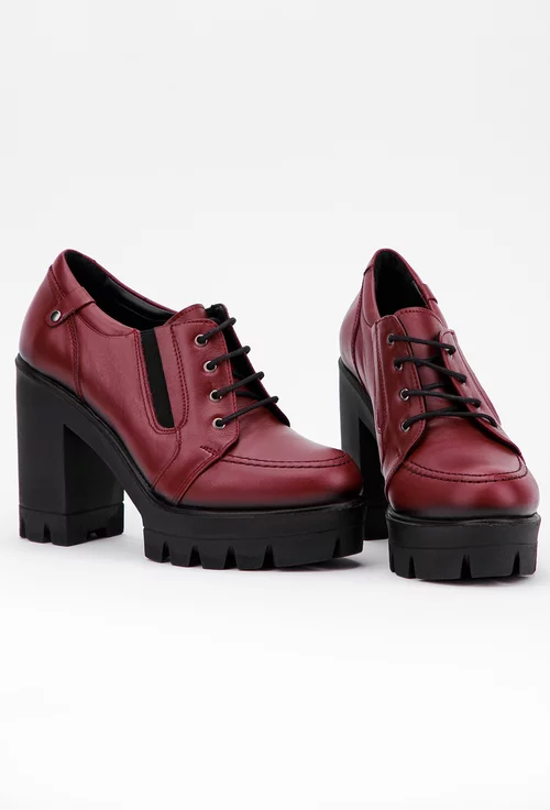 Pantofi burgundy din piele cu siret si elastic in laterale