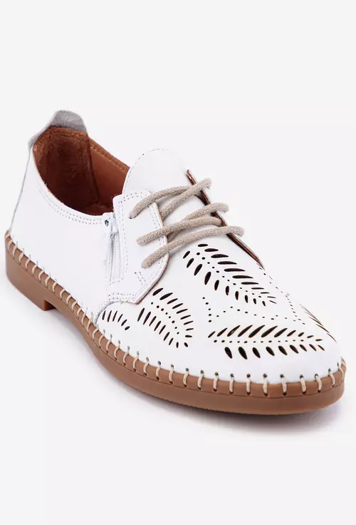 Pantofi casual albi din piele cu detaliu fermoar