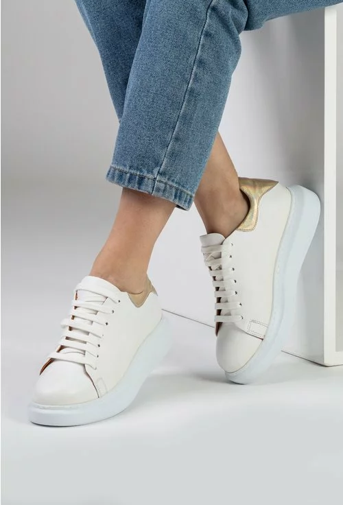 Pantofi casual albi din piele cu detaliu sidefat