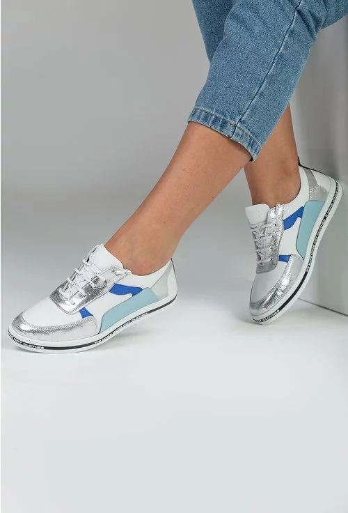 Pantofi casual albi din piele naturala cu detalii albastre si argintii