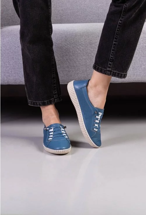 Pantofi casual bleu din piele naturala