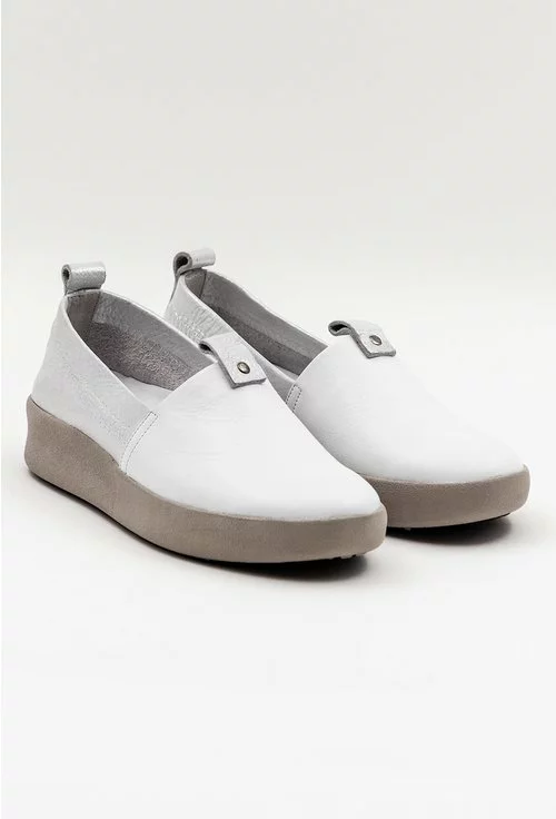 Pantofi casual din piele naturala albi cu portiuni argintii
