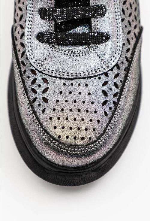 Pantofi casual din piele naturala gri cu insertii sclipitoare