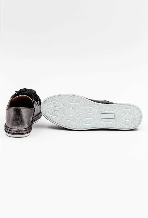 Pantofi casual din piele naturala in nuante de gri metalizat si negru
