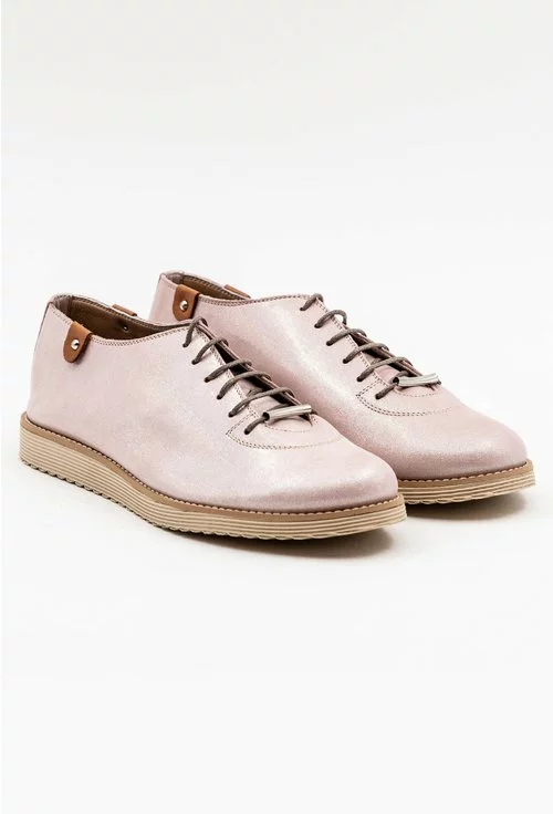 Pantofi casual din piele naturala roz pal cu insertii sclipitoare