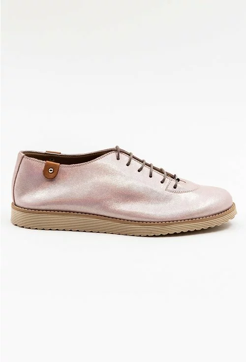 Pantofi casual din piele naturala roz pal cu insertii sclipitoare
