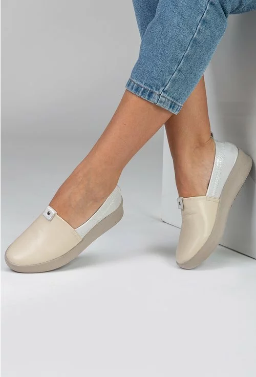 Pantofi casual din piele naturala taupe si portiuni argintii