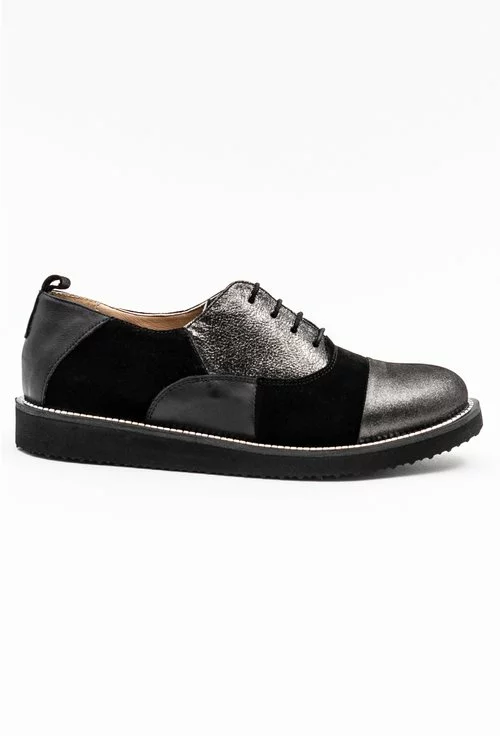 Pantofi casual negri din piele cu detalii gri sidefate