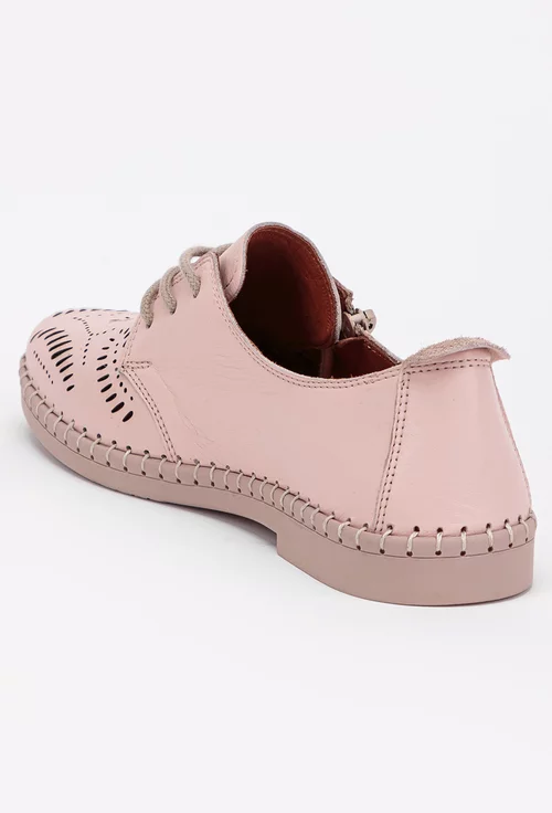 Pantofi casual roz din piele cu detaliu fermoar
