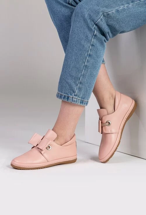Pantofi casual roz pal din piele cu funda