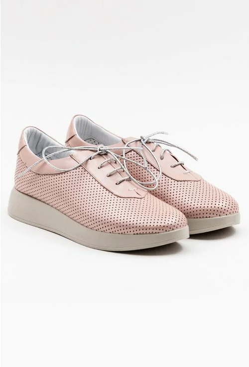Pantofi casual roz pudra din piele naturala cu design perforat