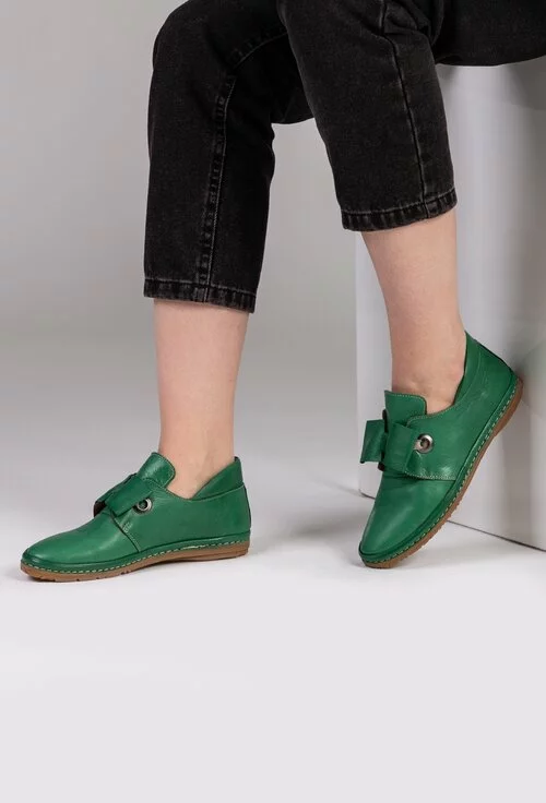 Pantofi casual verzi din piele naturala cu funda