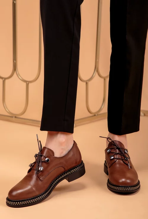 Pantofi cognac din piele cu detaliu cu fermoar