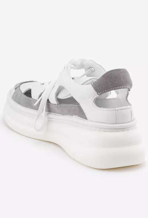 Pantofi dama albi cu gri din piele cu decupaje