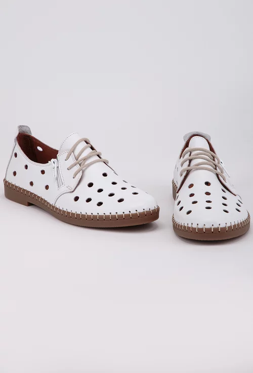 Pantofi dama albi din piele cu detalii perforate