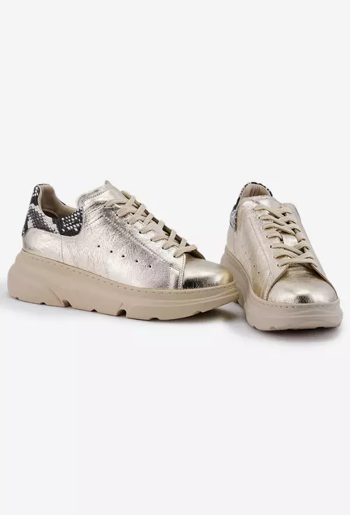 Pantofi dama din piele aurie cu detalii snake print