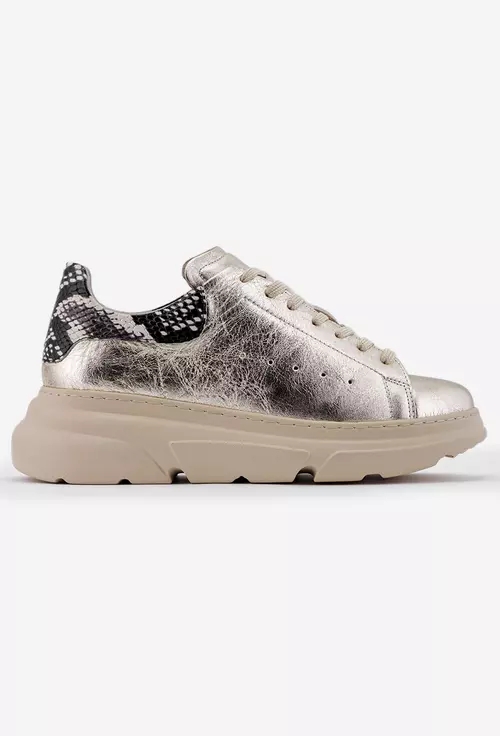 Pantofi dama din piele aurie cu detalii snake print