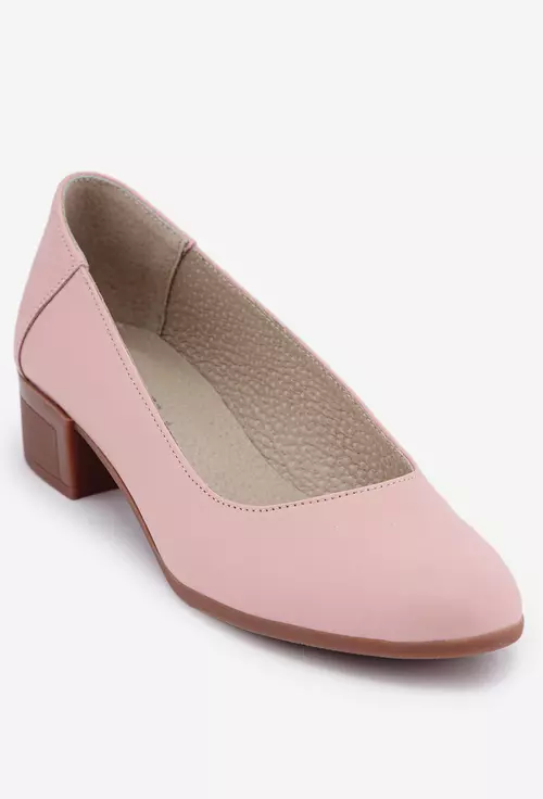 Pantofi dama roz din piele naturală cu toc maro