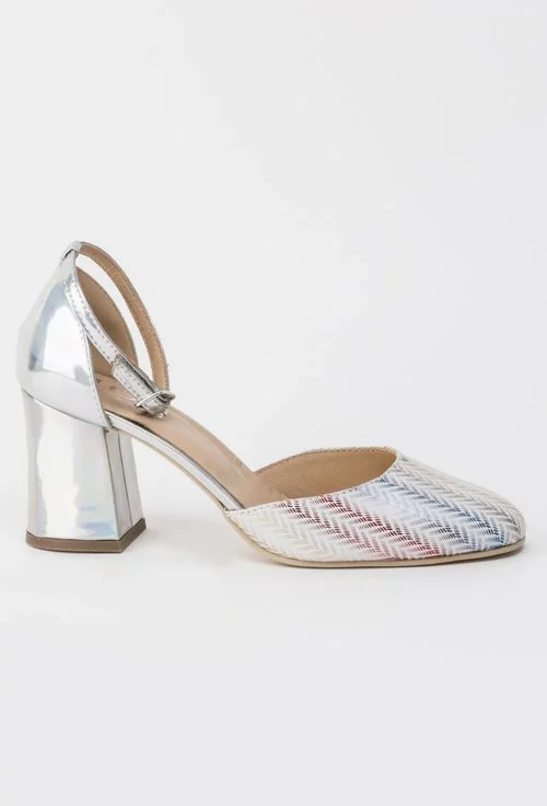 Pantofi decupati argintii din piele naturala cu imprimeu colorat Ronda