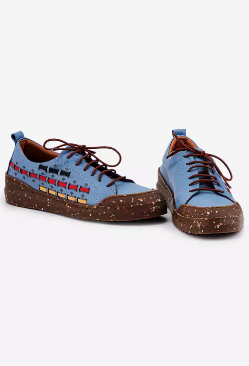 Pantofi din piele albastra cu insertii colorate
