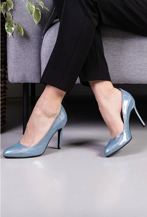 Pantofi din piele naturala bleu cu insertii sclipitoare